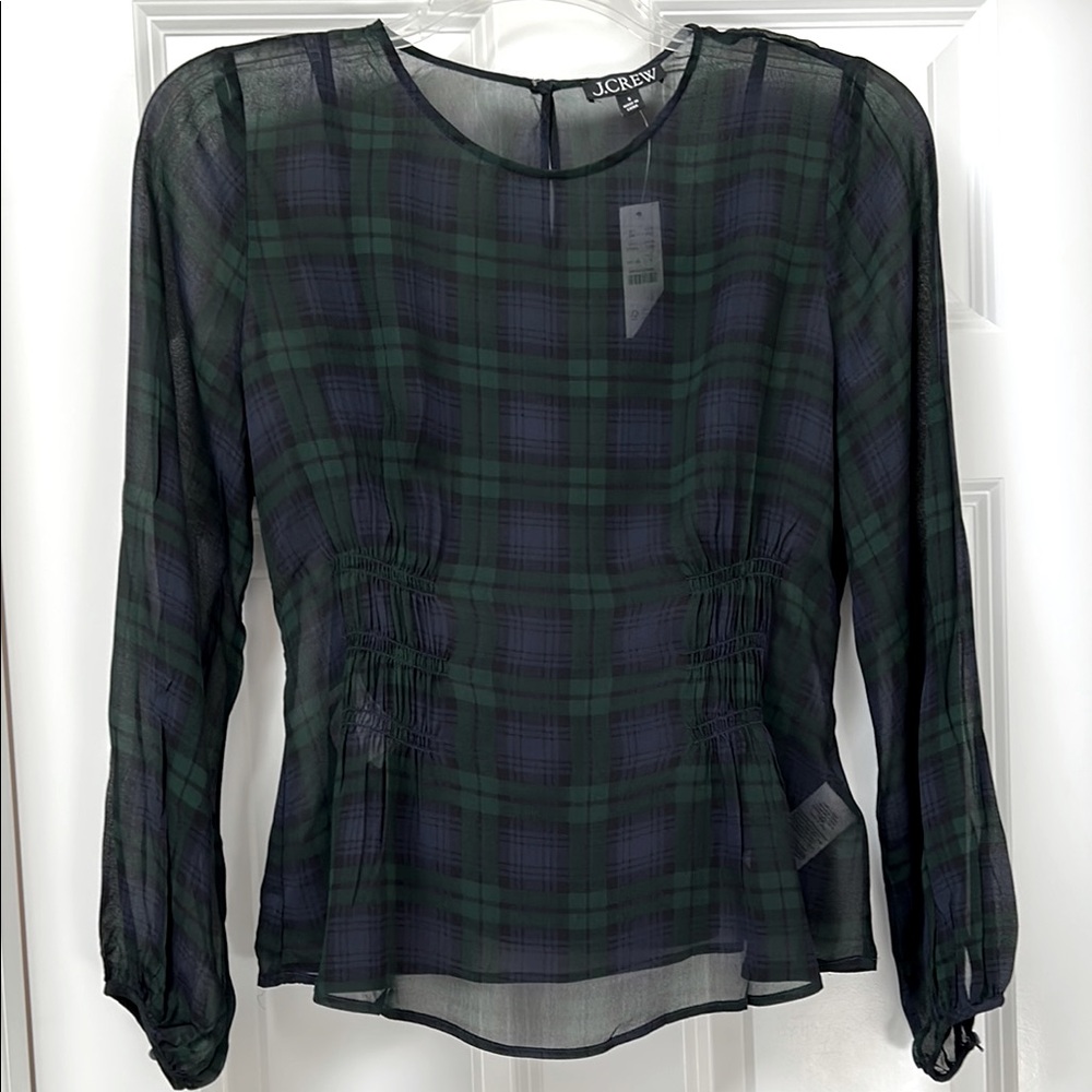 J.CREW NWT Chiffon shirred-waist top in Black Watch plaid